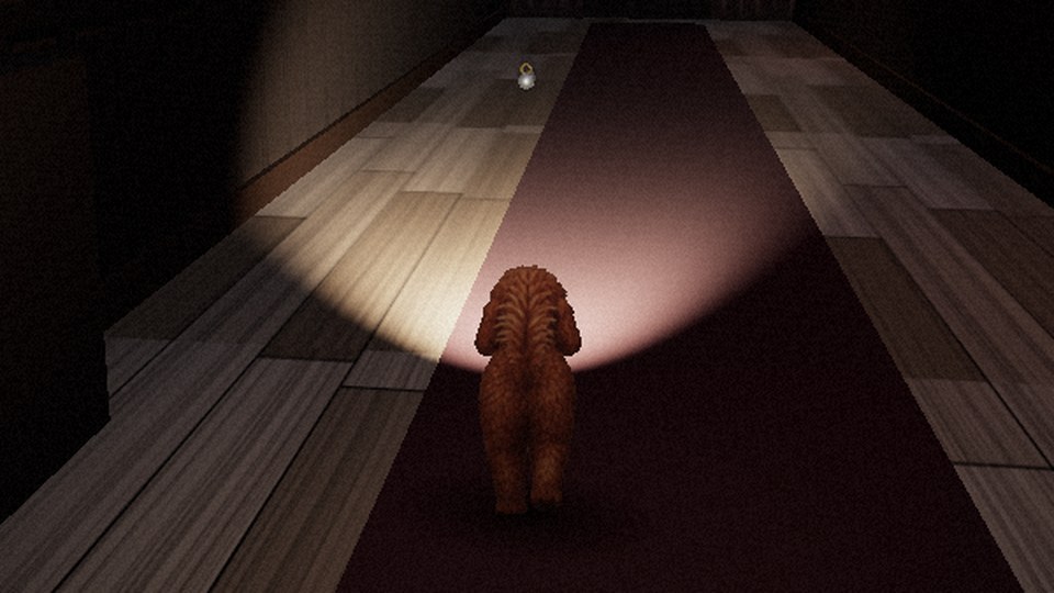 Screenshot from Muddling at Midnight: Penny, a mini doodle, walks down a dark hallway in her flashlight beam
